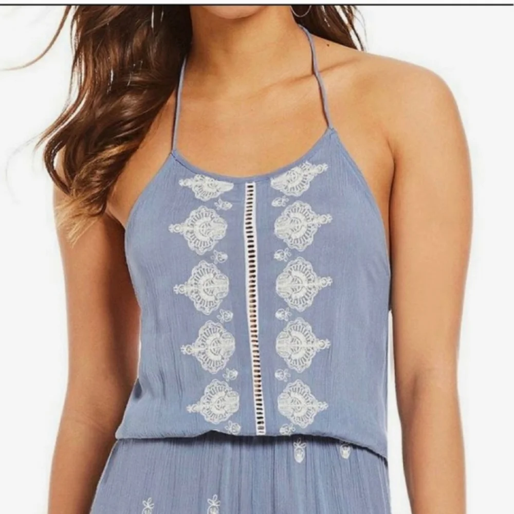Chelsea & Violet Embroidered Halter Blue Jumpsuit S